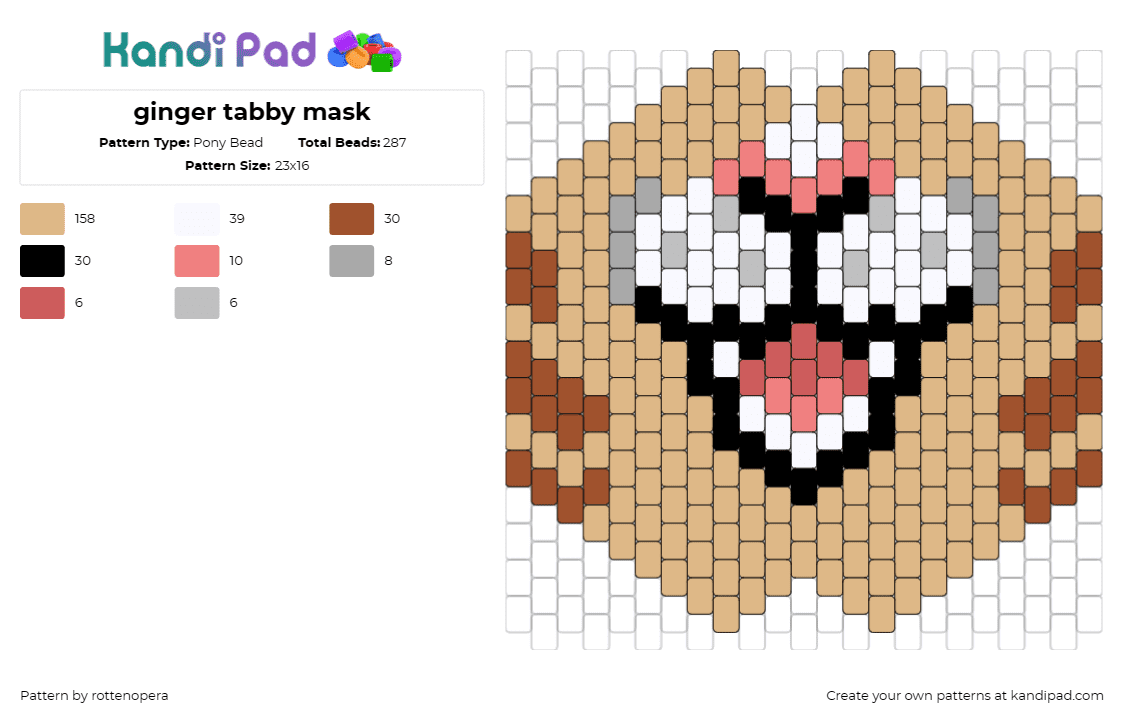 ginger tabby mask - Pony Bead Pattern by rottenopera on Kandi Pad - tabby,cat,mask,smile,happy,tan,white