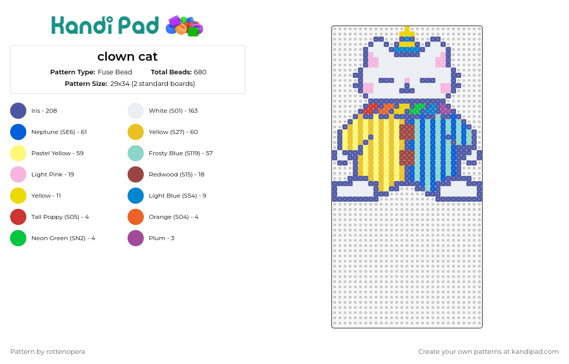 clown cat - Fuse Bead Pattern by rottenopera on Kandi Pad - cat,clown,animal,funny,colorful,whimsical,playful,attire,charm,blue,yellow