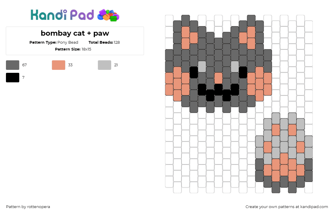 bombay cat + paw - Pony Bead Pattern by rottenopera on Kandi Pad - cat,paw print,animal,feline,playful,pet,bombay,gray