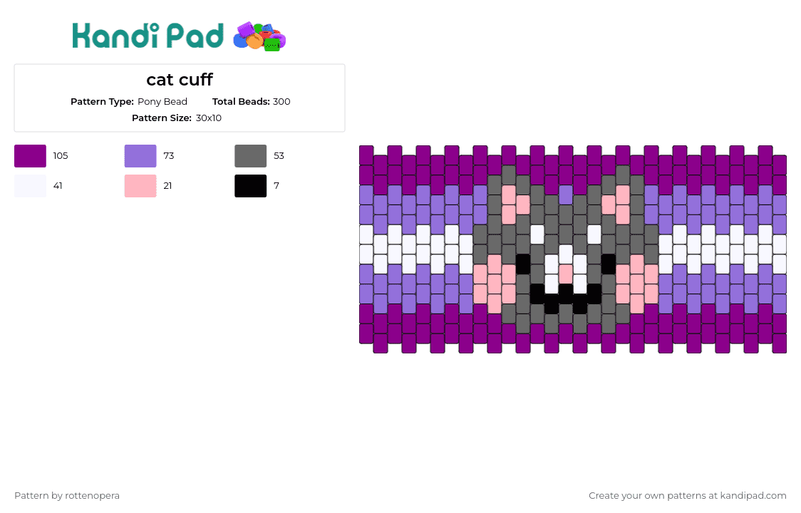 cat cuff - Pony Bead Pattern by rottenopera on Kandi Pad - cat,kitty,animal,cuff,playful,feline,purple,gray