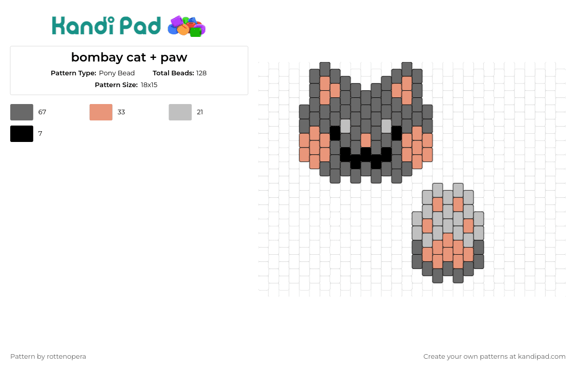 bombay cat + paw - Pony Bead Pattern by rottenopera on Kandi Pad - cat,paw print,animal,feline,playful,charm,pet,bombay,grey