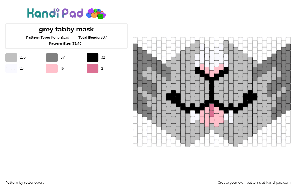 grey tabby mask - Pony Bead Pattern by rottenopera on Kandi Pad - tabby,cat,mask,furry,animal,tongue,gray