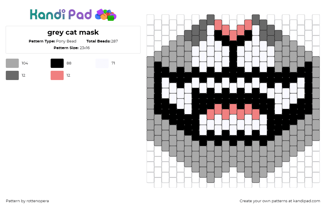 grey cat mask - Pony Bead Pattern by rottenopera on Kandi Pad - cat,mask,smile,happy,animal,furry,community,gray,white