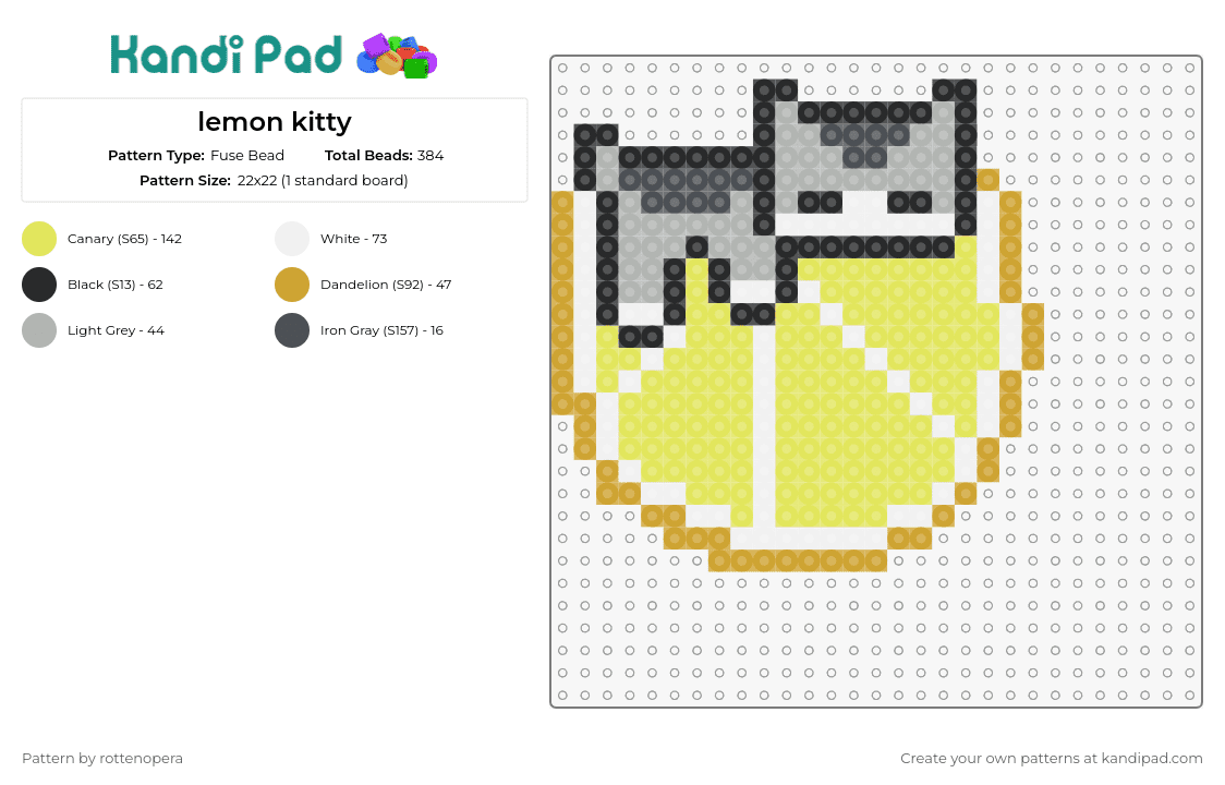 lemon kitty - Fuse Bead Pattern by rottenopera on Kandi Pad - cat,lemon,kitten,fruit,food,citrus,cute,animal,whimsy,playful,yellow,grey