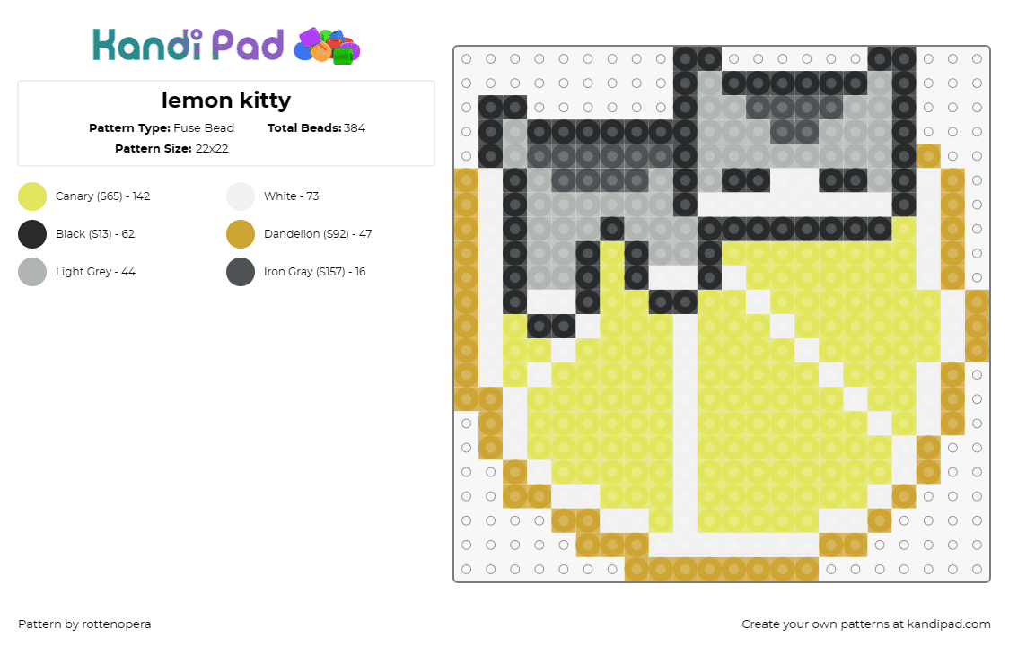 lemon kitty - Fuse Bead Pattern by rottenopera on Kandi Pad - cat,lemon,kitten,fruit,food,citrus,cute,animal,playful,yellow,gray