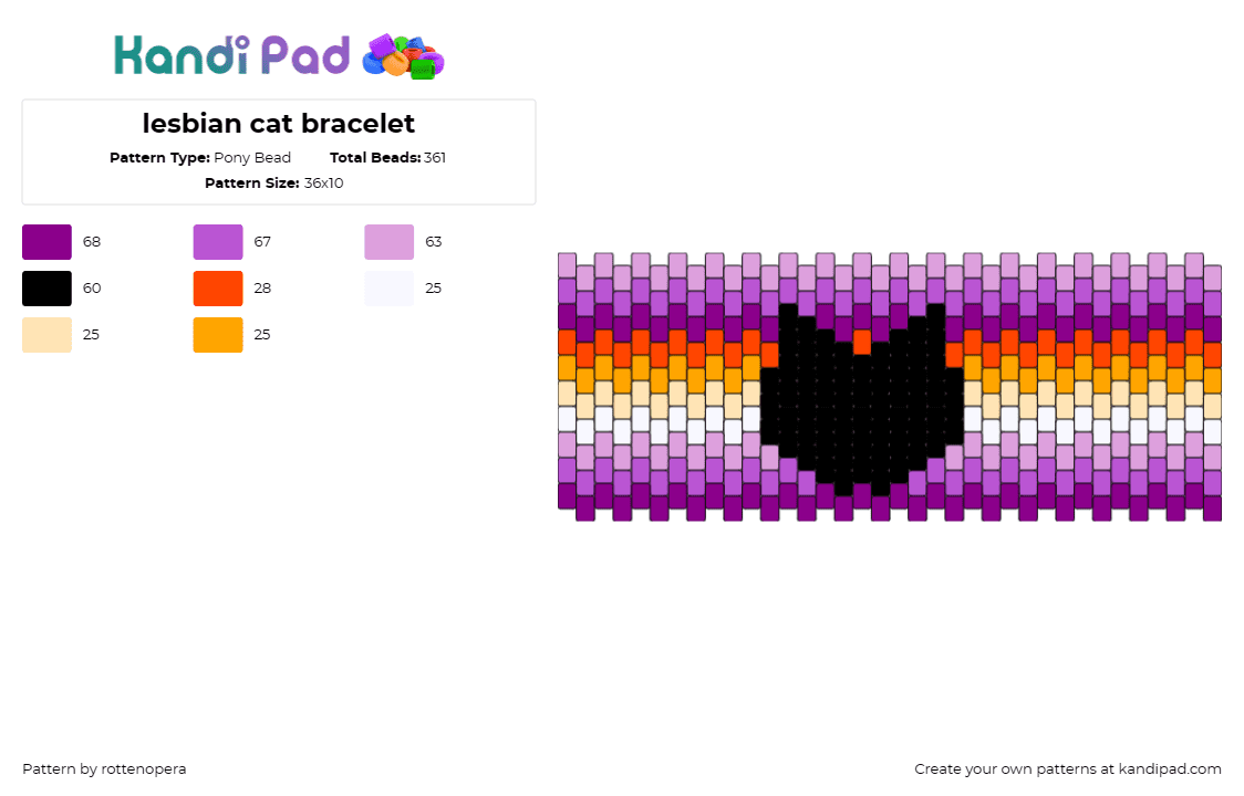 lesbian cat bracelet - Pony Bead Pattern by rottenopera on Kandi Pad - lesbian,pride,cat,silhouette,cuff,community,black,purple,orange