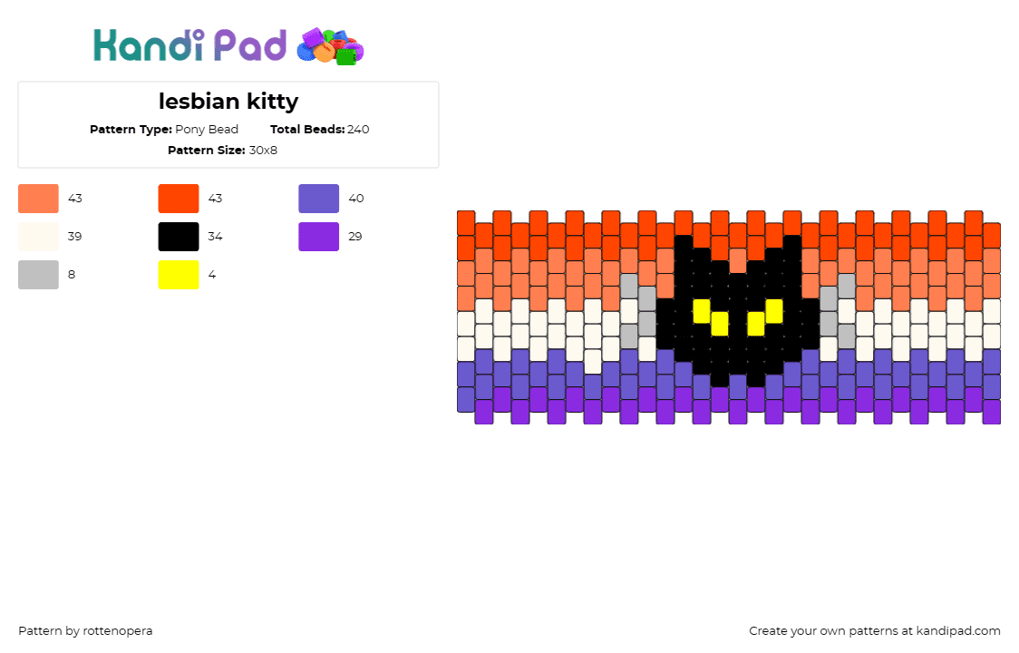 lesbian kitty - Pony Bead Pattern by rottenopera on Kandi Pad - lesbian,pride,cat,cuff,identity,feline,affection,motif,expressive,orange,purple