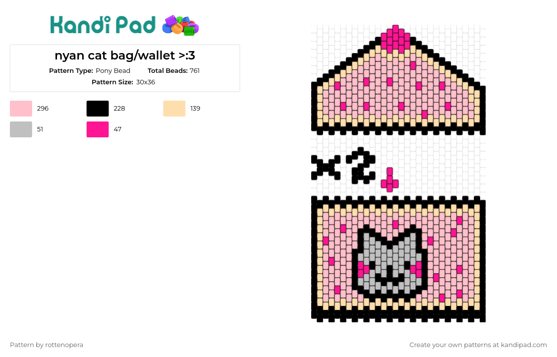 nyan cat bag/wallet >:3 - Pony Bead Pattern by rottenopera on Kandi Pad - nyan cat,poptart,bag,wallet,meme,whimsical,playful,internet culture,fun,vibrant,pink
