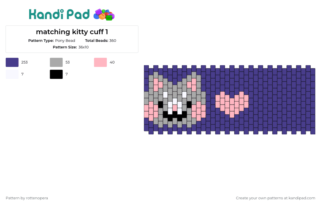 matching kitty cuff 1 - Pony Bead Pattern by rottenopera on Kandi Pad - cat,kitty,heart,cute,animal,love,cuff,purple,gray,pink