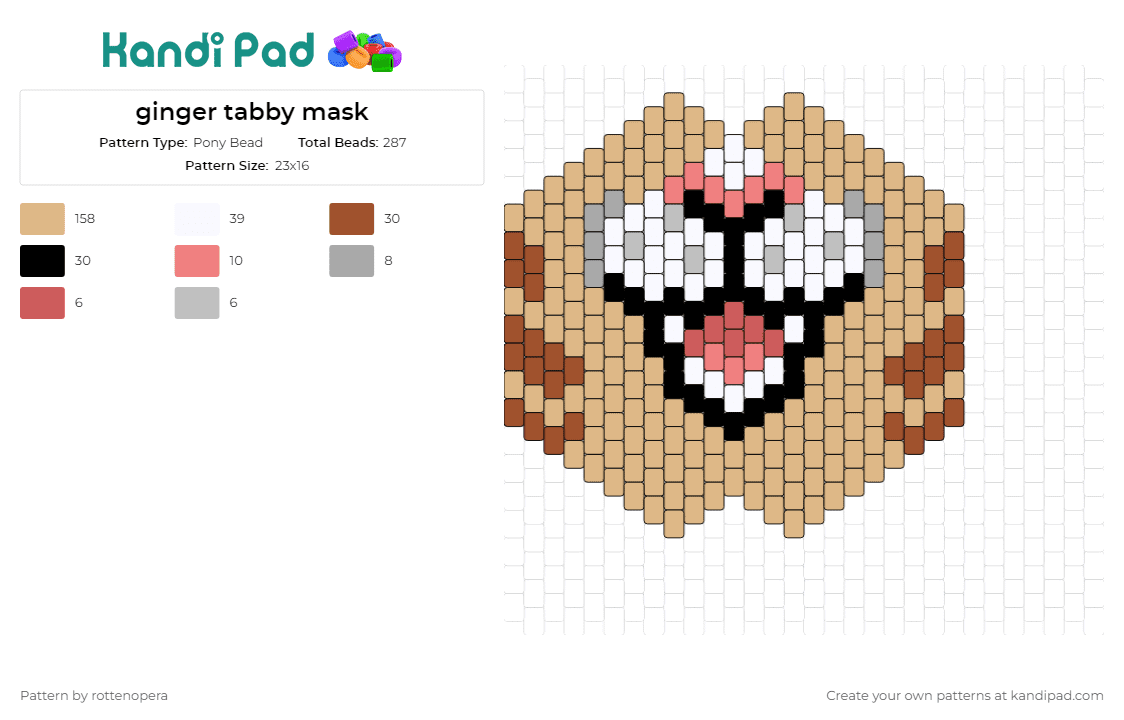 ginger tabby mask - Pony Bead Pattern by rottenopera on Kandi Pad - tabby,cat,mask,smile,happy,tan,white