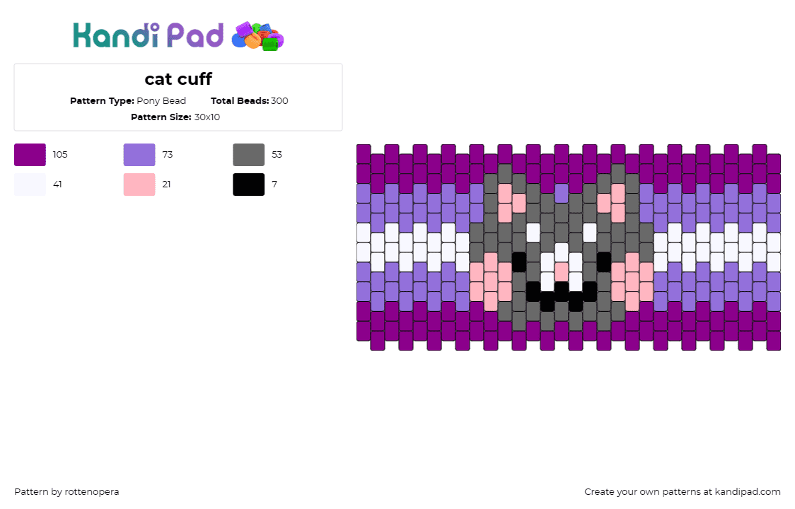 cat cuff - Pony Bead Pattern by rottenopera on Kandi Pad - cat,kitty,animal,cuff,playful,feline,purple,gray