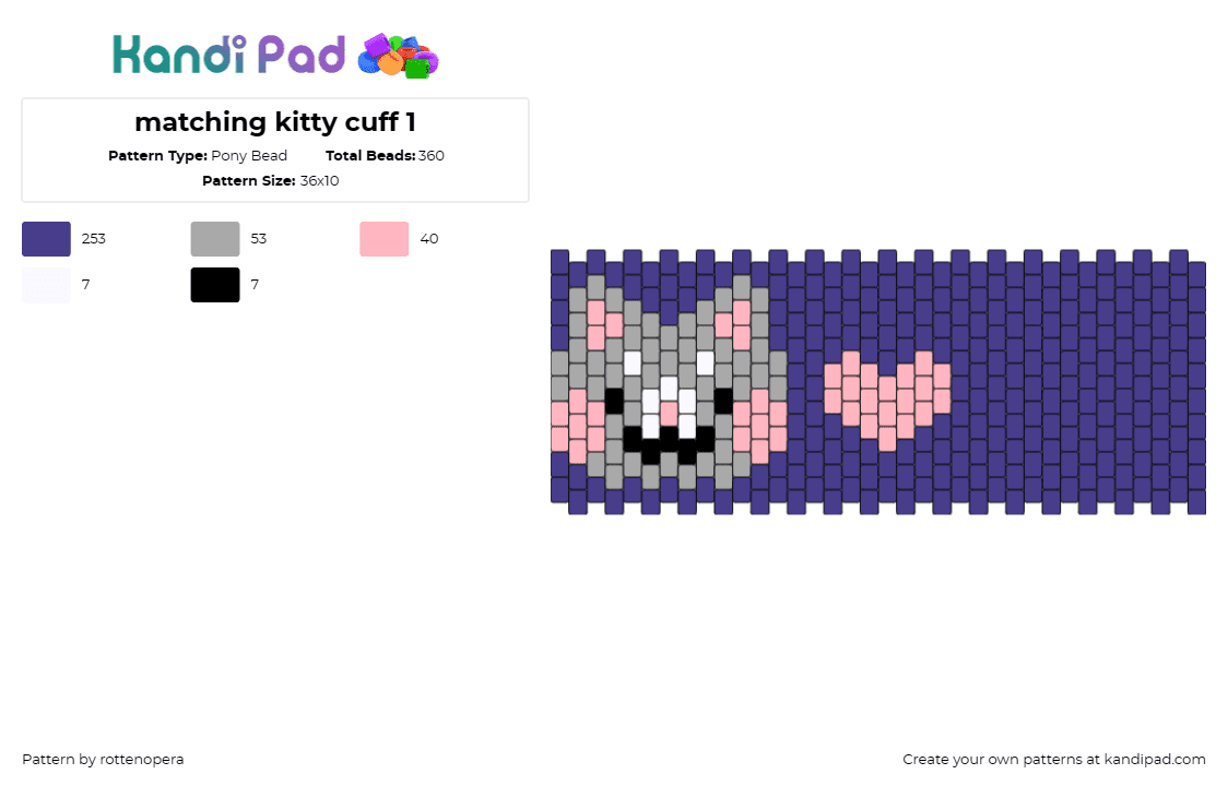 matching kitty cuff 1 - Pony Bead Pattern by rottenopera on Kandi Pad - cat,kitty,heart,cute,animal,love,cuff,purple,gray,pink