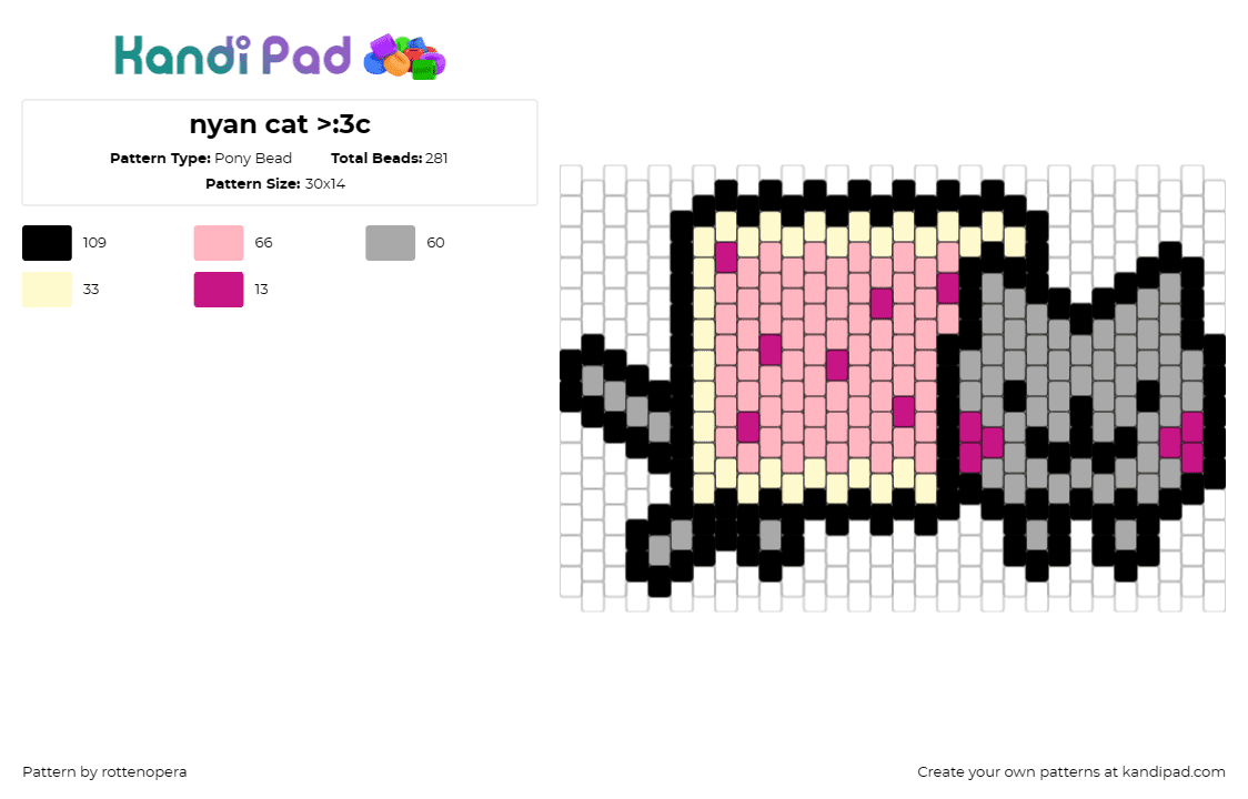 nyan cat >:3c - Pony Bead Pattern by rottenopera on Kandi Pad - nyan cat,meme,poptart,whimsical,internet,sensation,playful,nostalgia,gray,pink