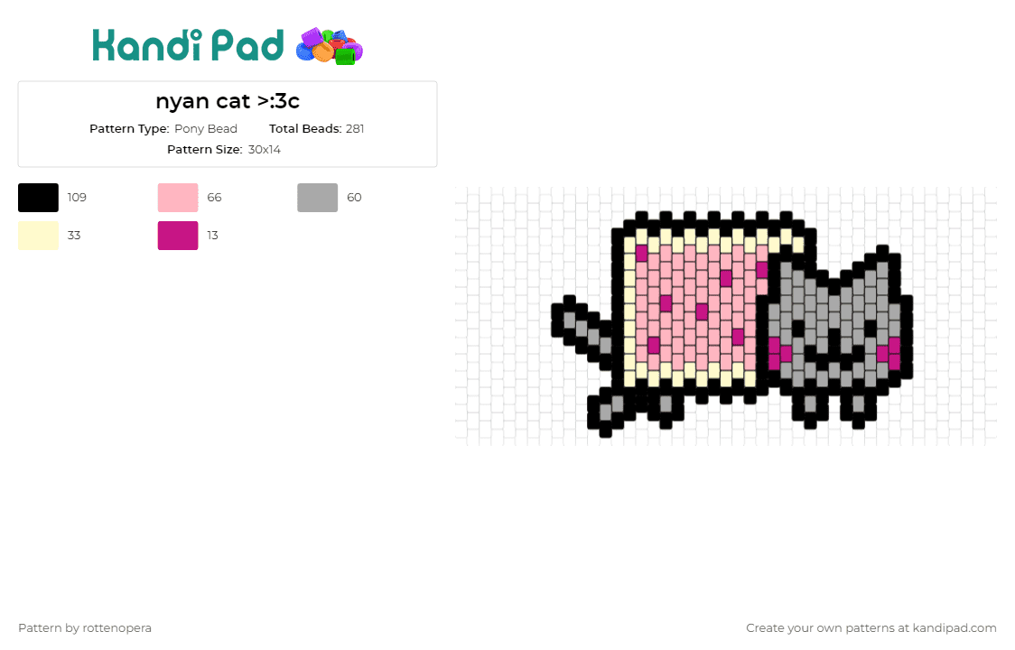 nyan cat >:3c - Pony Bead Pattern by rottenopera on Kandi Pad - nyan cat,meme,poptart,whimsical,internet,sensation,playful,nostalgia,grey,pink