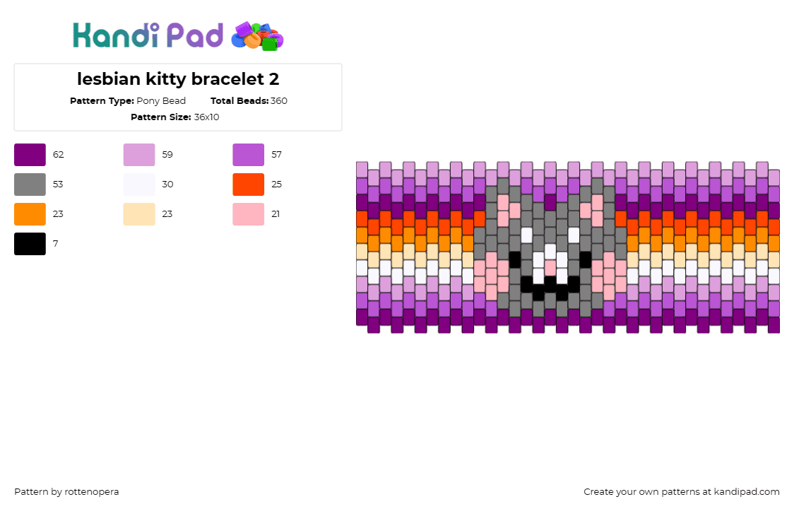 lesbian kitty bracelet 2 - Pony Bead Pattern by rottenopera on Kandi Pad - lesbian,cat,pride,kitty,community,cute,animal,cuff,purple,gray