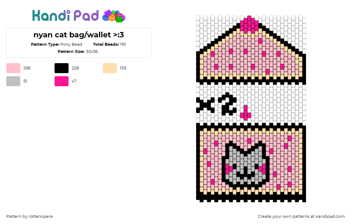 nyan cat bag/wallet >:3 - Pony Bead Pattern by rottenopera on Kandi Pad - nyan cat,poptart,bag,wallet,meme,whimsical,playful,internet culture,vibrant,pink