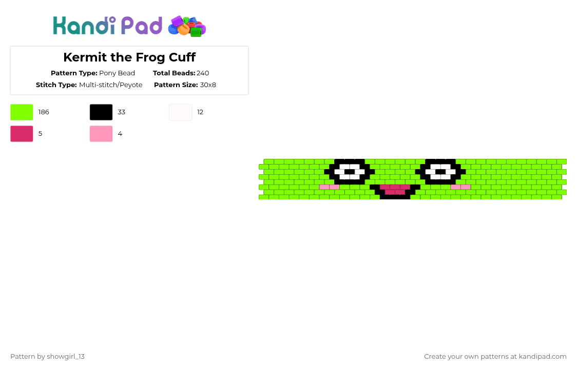 Kermit the Frog Cuff - Pony Bead Pattern by showgirl_13 on Kandi Pad - green