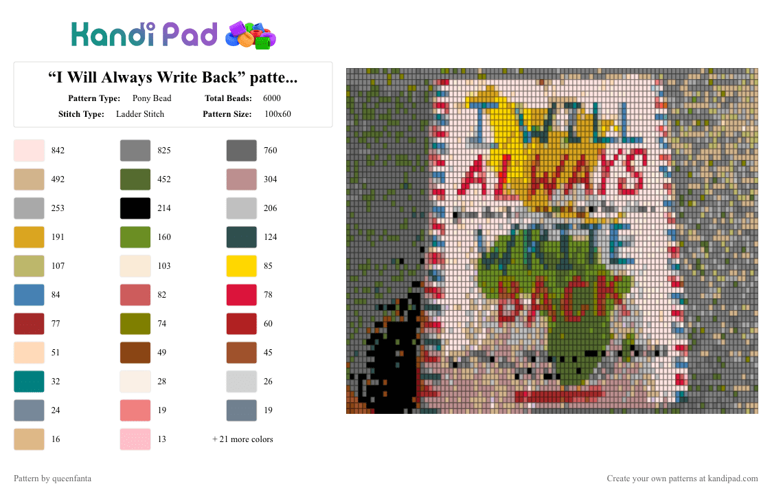“I Will Always Write Back” pattern 📝 - Pony Bead Pattern by queenfanta on Kandi Pad - 