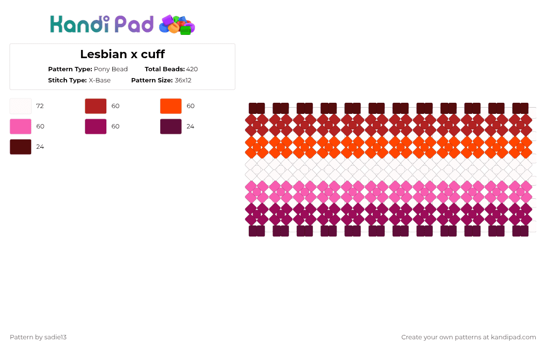 Lesbian x cuff - Pony Bead Pattern by sadie13 on Kandi Pad - red,pink
