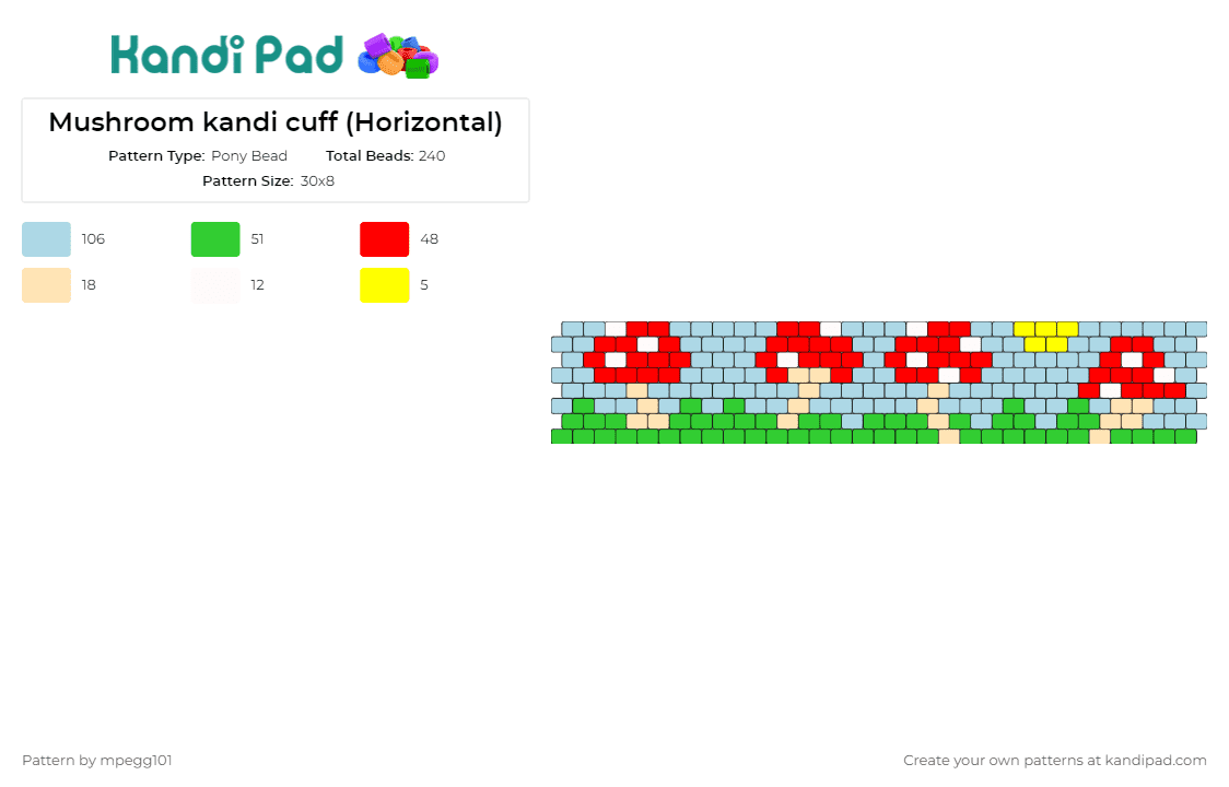 Mushroom kandi cuff (Horizontal) - Pony Bead Pattern by mpegg101 on Kandi Pad - mushrooms,landscape,nature,cuff,whimsical,outdoor,greenery,horizontal,red,green,light blue