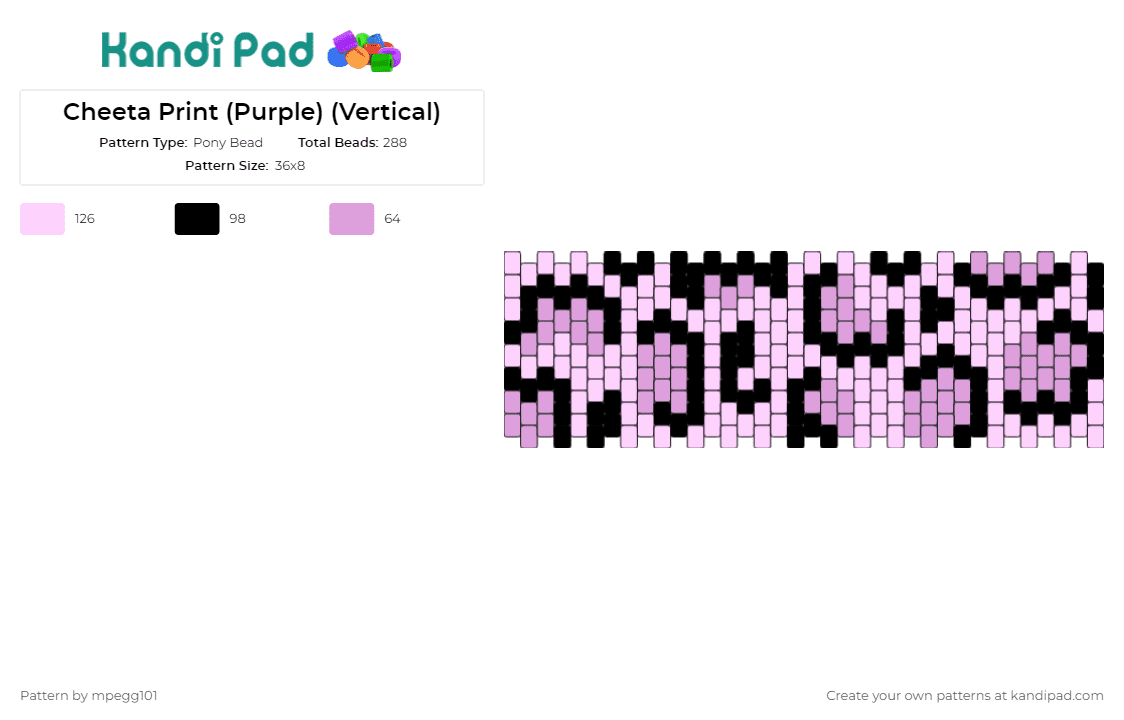 Cheeta Print (Purple) (Vertical) - Pony Bead Pattern by mpegg101 on Kandi Pad - cheetah print,animal,cuff,playful,stylish,wild,pattern,vertical,purple