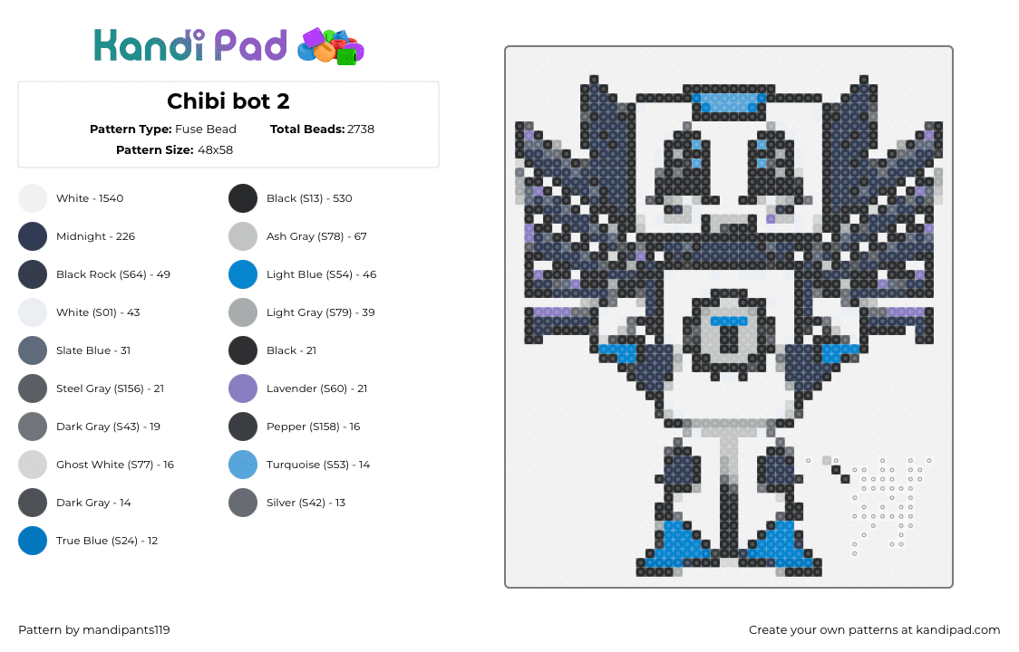 Chibi bot 2 - Fuse Bead Pattern by mandipants119 on Kandi Pad - robot,chibi,cute,character,white,blue