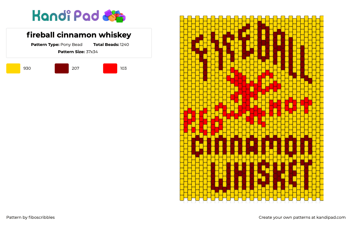 fireball cinnamon whiskey - Pony Bead Pattern by fiboscribbles on Kandi Pad - fireball,whiskey,alcohol,cinnamon,logo,panel,text,yellow,red