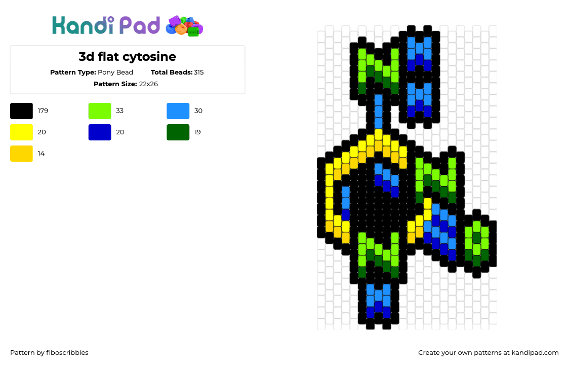 3d flat cytosine - Pony Bead Pattern by fiboscribbles on Kandi Pad - cytosine,molecule,chemistry,science,charm,yellow,blue,green