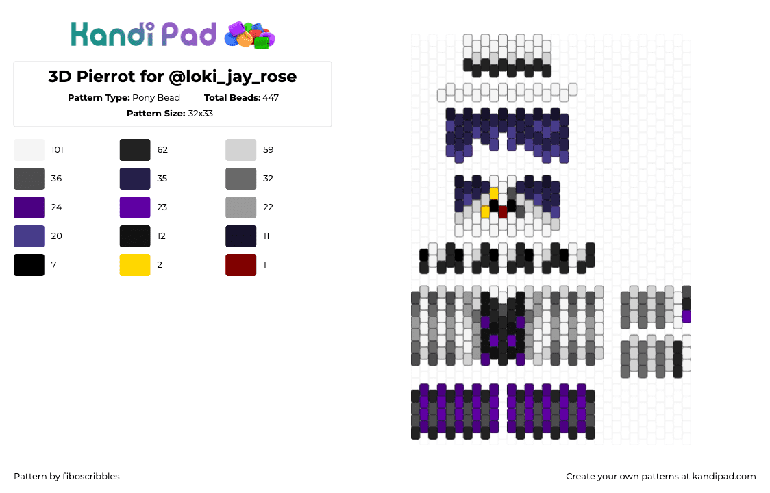 3D Pierrot for @loki_jay_rose - Pony Bead Pattern by fiboscribbles on Kandi Pad - pierrot,clown,3d,gray,purple
