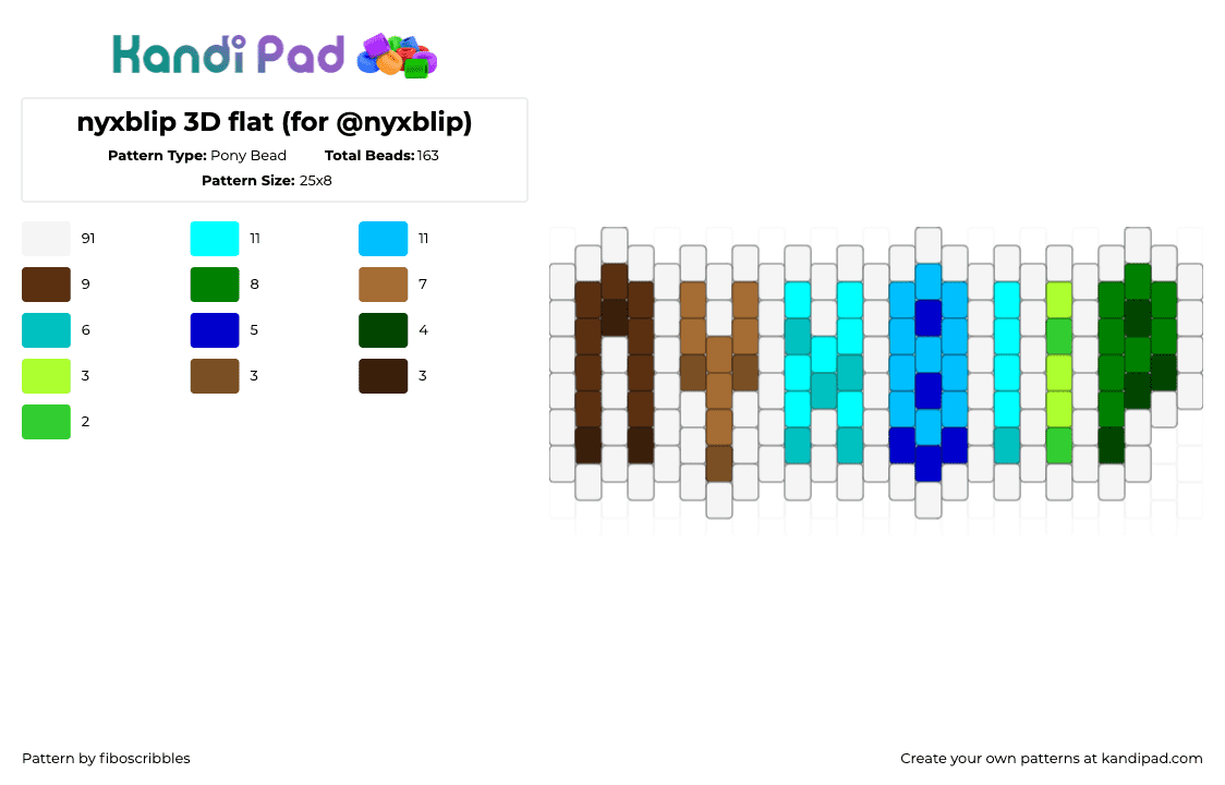 nyxblip 3D flat (for @nyxblip) - Pony Bead Pattern by fiboscribbles on Kandi Pad - white,brown,light blue,green,nametag,3d,letters