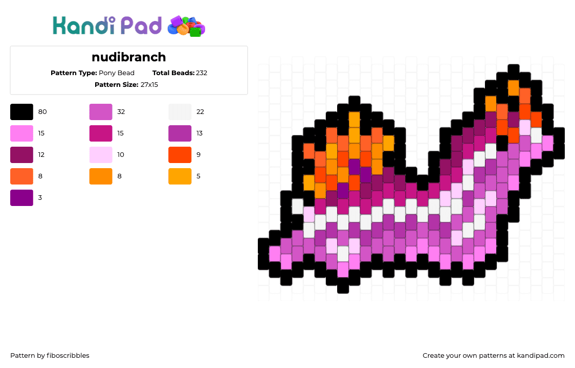 nudibranch - Pony Bead Pattern by fiboscribbles on Kandi Pad - pink,nudibranch,animal,sea slug,vibrant,ocean