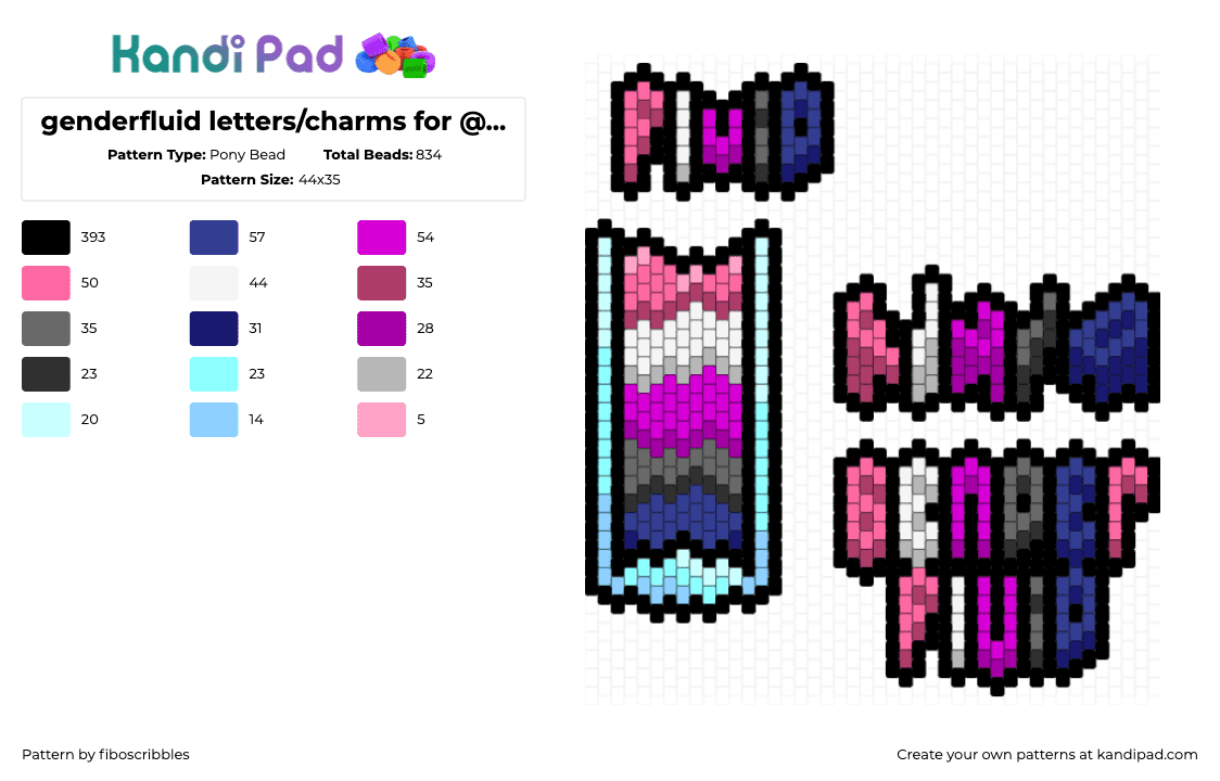 genderfluid letters/charms for @li-zard - Pony Bead Pattern by fiboscribbles on Kandi Pad - genderfluid,pride,charms,pink,blue