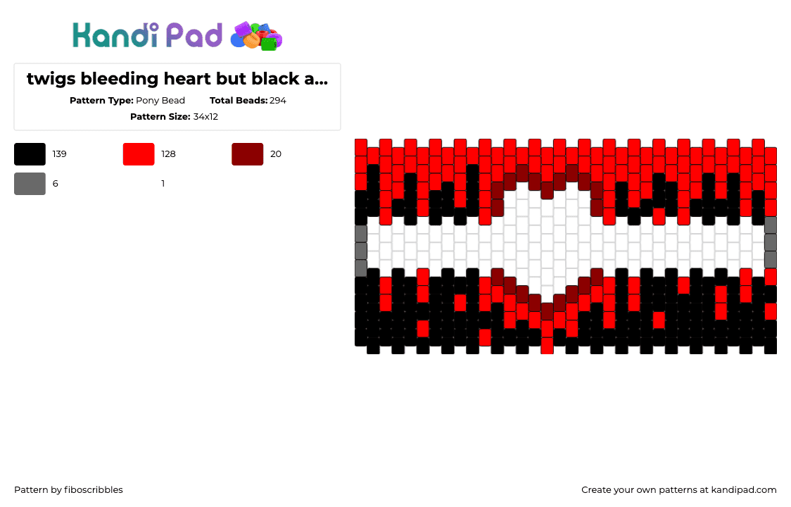 twigs bleeding heart but black and broken in half - Pony Bead Pattern by fiboscribbles on Kandi Pad - bloody,heart,drippy,dark,aspooky,love,halloween,cuff,red,black