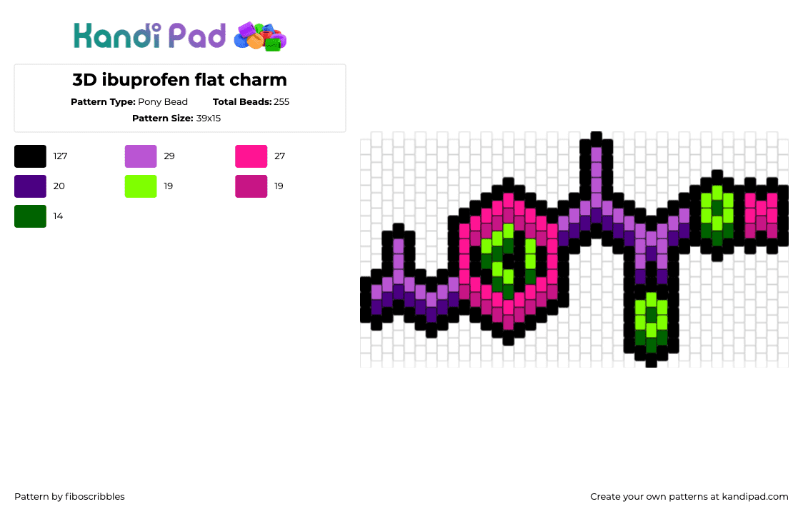 3D ibuprofen flat charm - Pony Bead Pattern by fiboscribbles on Kandi Pad - ibuprofen,molecule,chemistry,science,charm,pink,purple,green