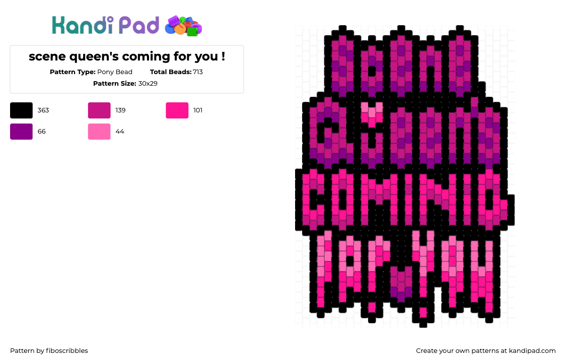 scene queen\'s coming for you ! - Pony Bead Pattern by fiboscribbles on Kandi Pad - pink rover,scene queen,text,song,music,sign,pink,black