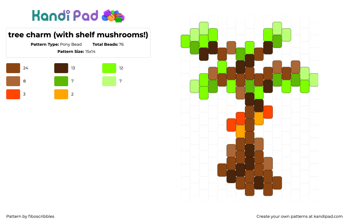 tree charm (with shelf mushrooms!) - Pony Bead Pattern by fiboscribbles on Kandi Pad - tree,mushrooms,nature,charm,brown,green