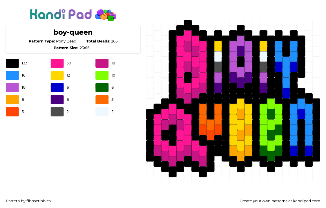 boy-queen - Pony Bead Pattern by fiboscribbles on Kandi Pad - boy queen,pride,text,charm,colorful,pink,blue,yellow