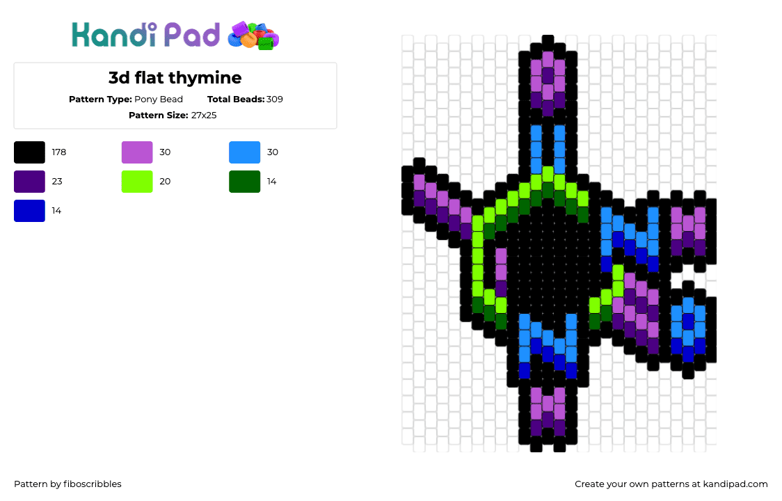 3d flat thymine - Pony Bead Pattern by fiboscribbles on Kandi Pad - thymine,molecule,chemistry,science,charm,green,blue,purple