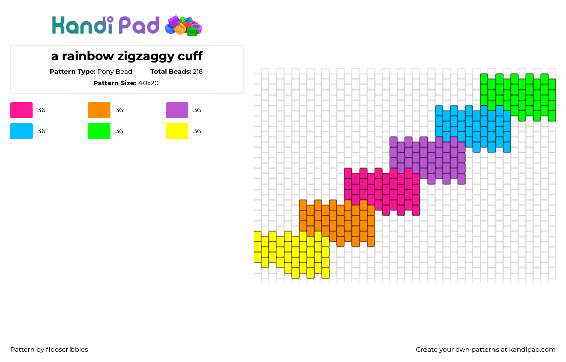 a rainbow zigzaggy cuff - Pony Bead Pattern by fiboscribbles on Kandi Pad - neon,colorful,zig zag,ladder,cuff