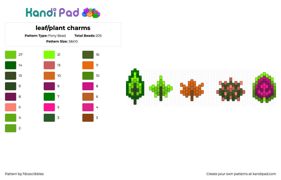 leaf/plant charms - Pony Bead Pattern by fiboscribbles on Kandi Pad - leaves,leaf,nature,charms,green,orange