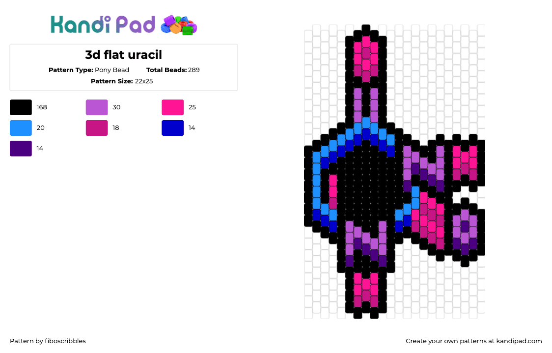 3d flat uracil - Pony Bead Pattern by fiboscribbles on Kandi Pad - uracil,molecule,chemistry,science,charm,pink,purple,blue