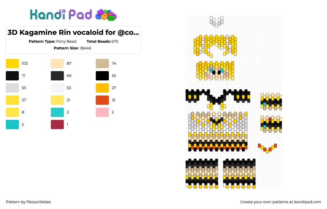 3D Kagamine Rin vocaloid for @cosmicvoid - Pony Bead Pattern by fiboscribbles on Kandi Pad - kagamine rin,vocaloid,3d,music,character,black,yellow