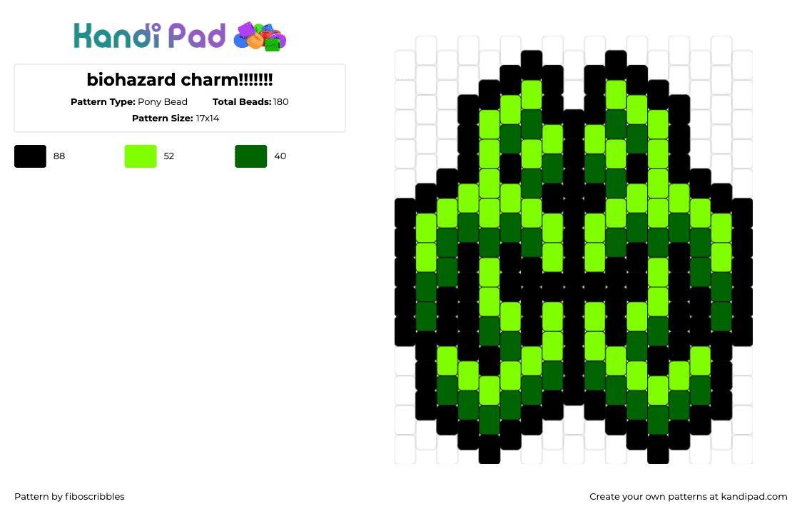 biohazard charm!!!!!!! - Pony Bead Pattern by fiboscribbles on Kandi Pad - biohazard,poison,toxic,symbol,charm,green,black