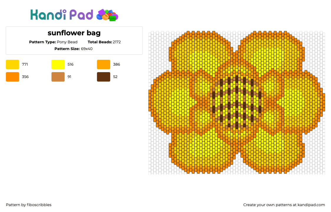 sunflower bag - Pony Bead Pattern by fiboscribbles on Kandi Pad - sunflower,nature,petals,bag,panel,summer,yellow,orange