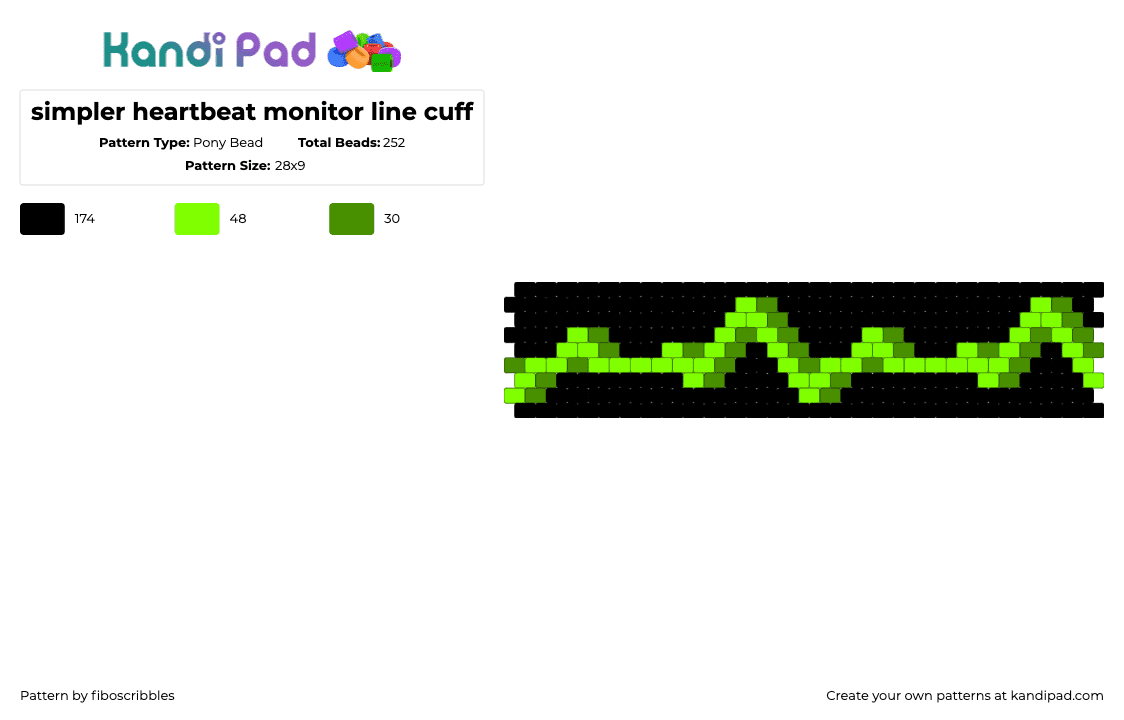 simpler heartbeat monitor line cuff - Pony Bead Pattern by fiboscribbles on Kandi Pad - heartbeat,cardiogram,monitor,zig zag,cuff,dark,black,green