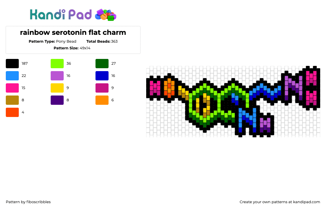 3D rainbow serotonin flat charm - Pony Bead Pattern by fiboscribbles on Kandi Pad - serotonin,molecule,chemistry,science,colorful,charm,pink,orange,green,blue,purple