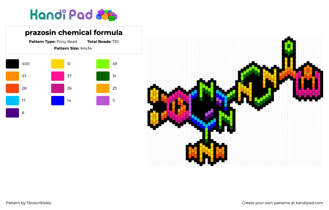 prazosin chemical formula - Pony Bead Pattern by fiboscribbles on Kandi Pad - prazosin,molecule,chemistry,science,colorful,charm,pink,yellow,green