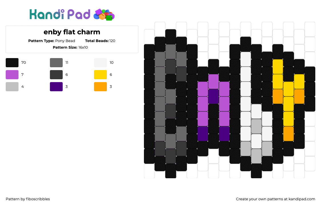 enby flat charm - Pony Bead Pattern by fiboscribbles on Kandi Pad - enby,nonbinary,pride,charm,text,black,purple,white,yellow