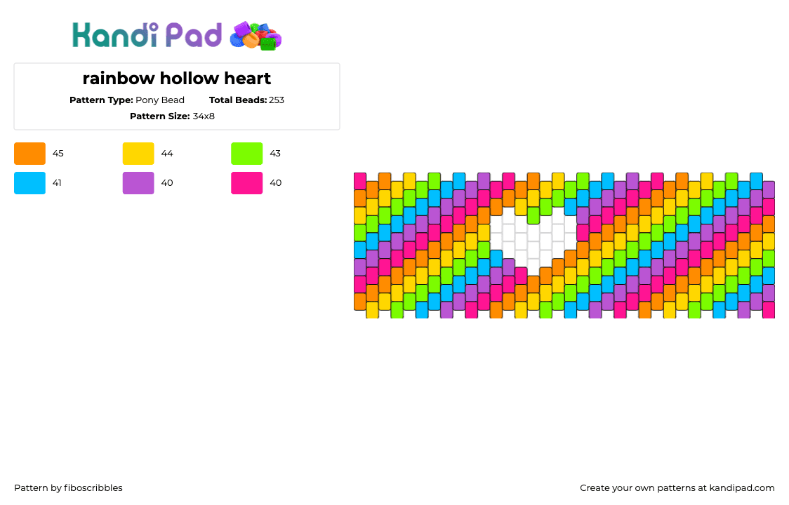 rainbow hollow heart - Pony Bead Pattern by fiboscribbles on Kandi Pad - neon,diagonal,stripes,rainbow,heart,cuff,pink,yellow