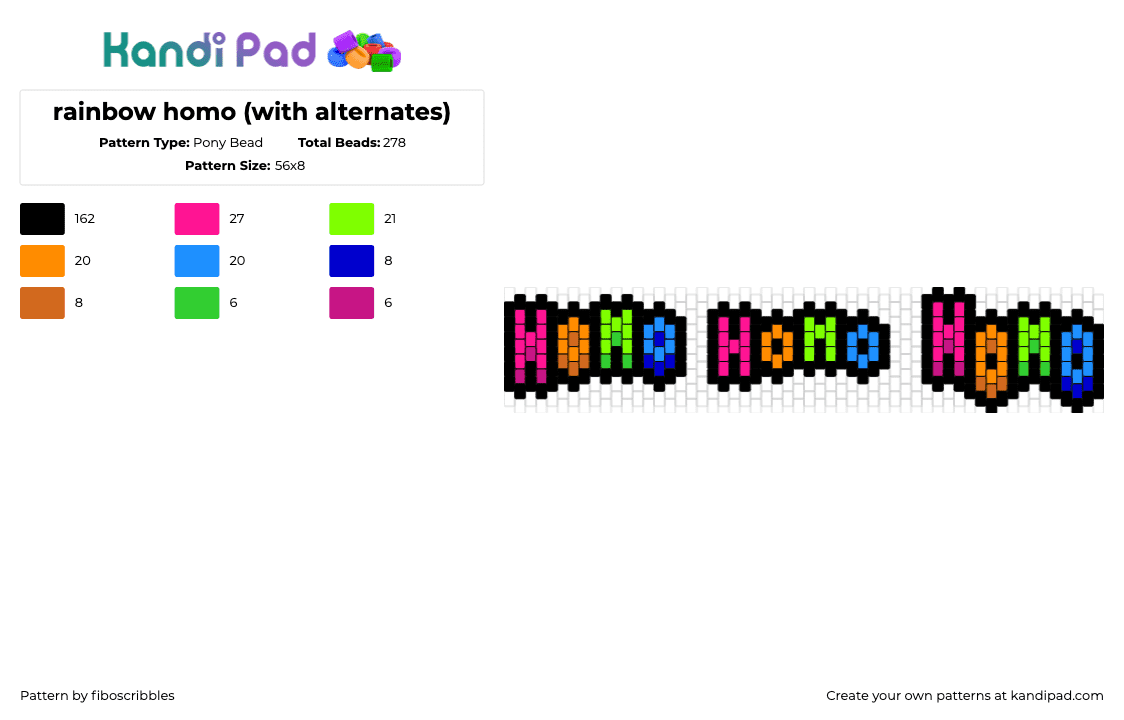 rainbow homo (with alternates) - Pony Bead Pattern by fiboscribbles on Kandi Pad - homo,text,colorful,neon,pink,orange,green,blue